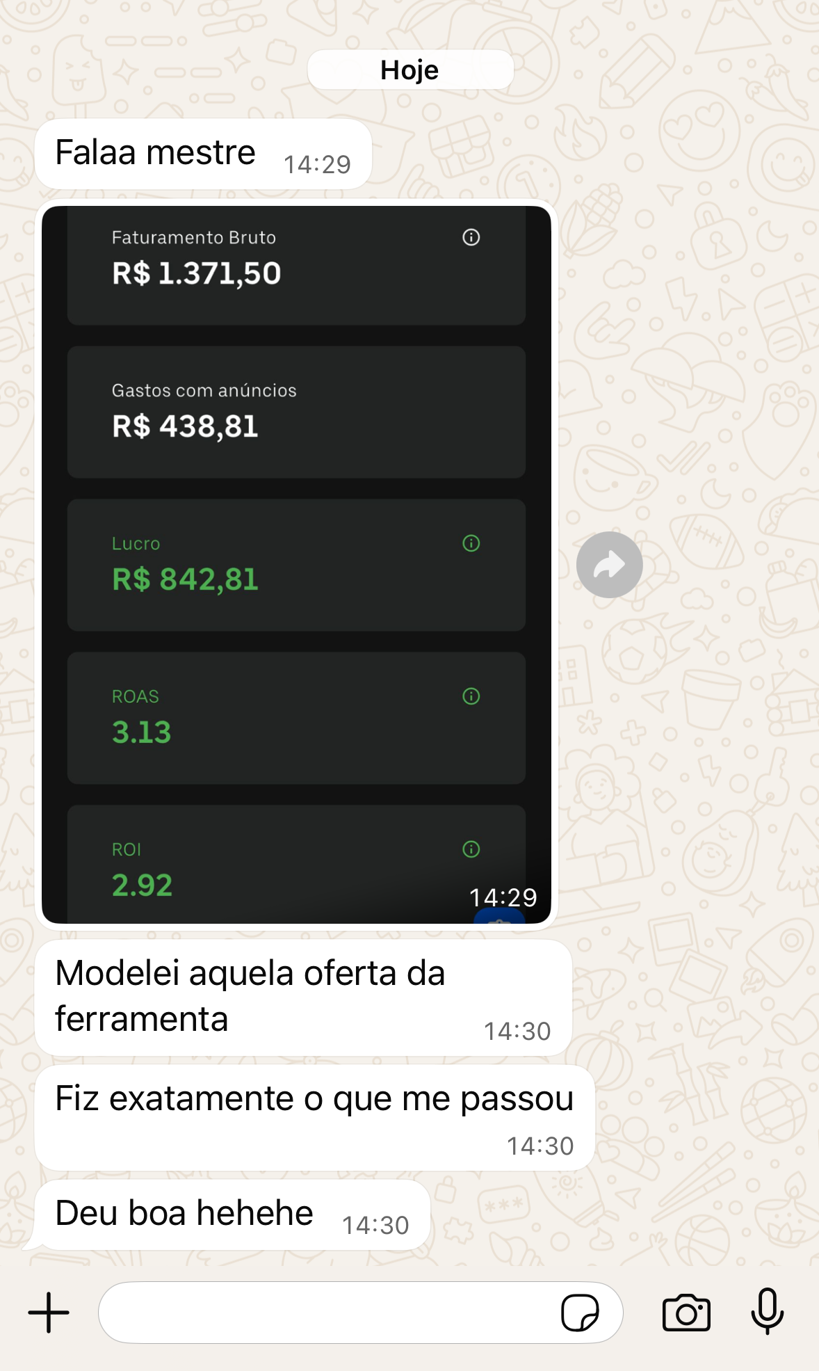 Print do WhatsApp: ROAS 3,13 e lucro de R$ 842,81