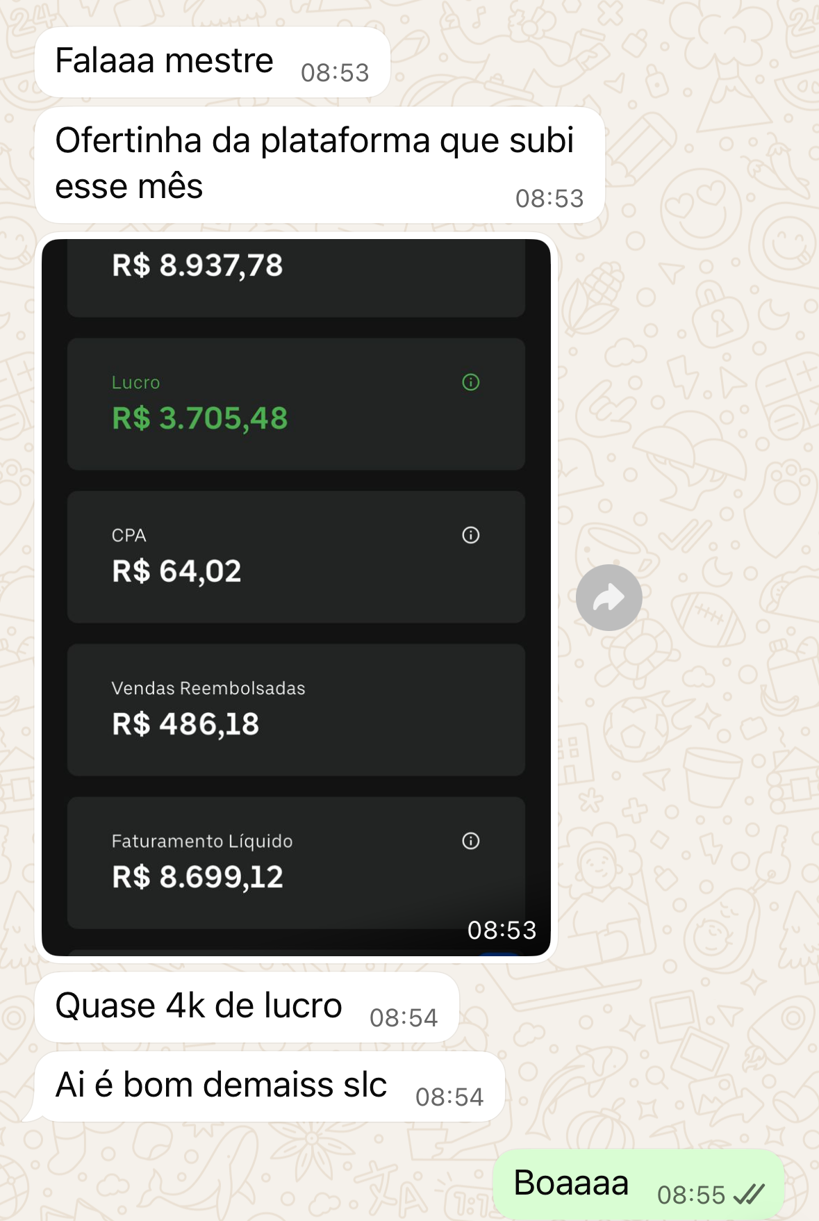 Print do WhatsApp: lucro de R$ 3.705,48 e faturamento líquido de R$ 8.699,12